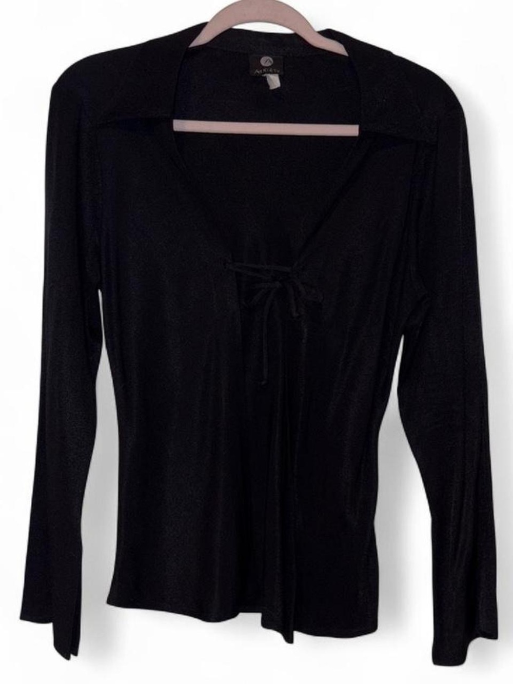 Vintage Y2K super‎ cute black collared bell sleeve tie front top med